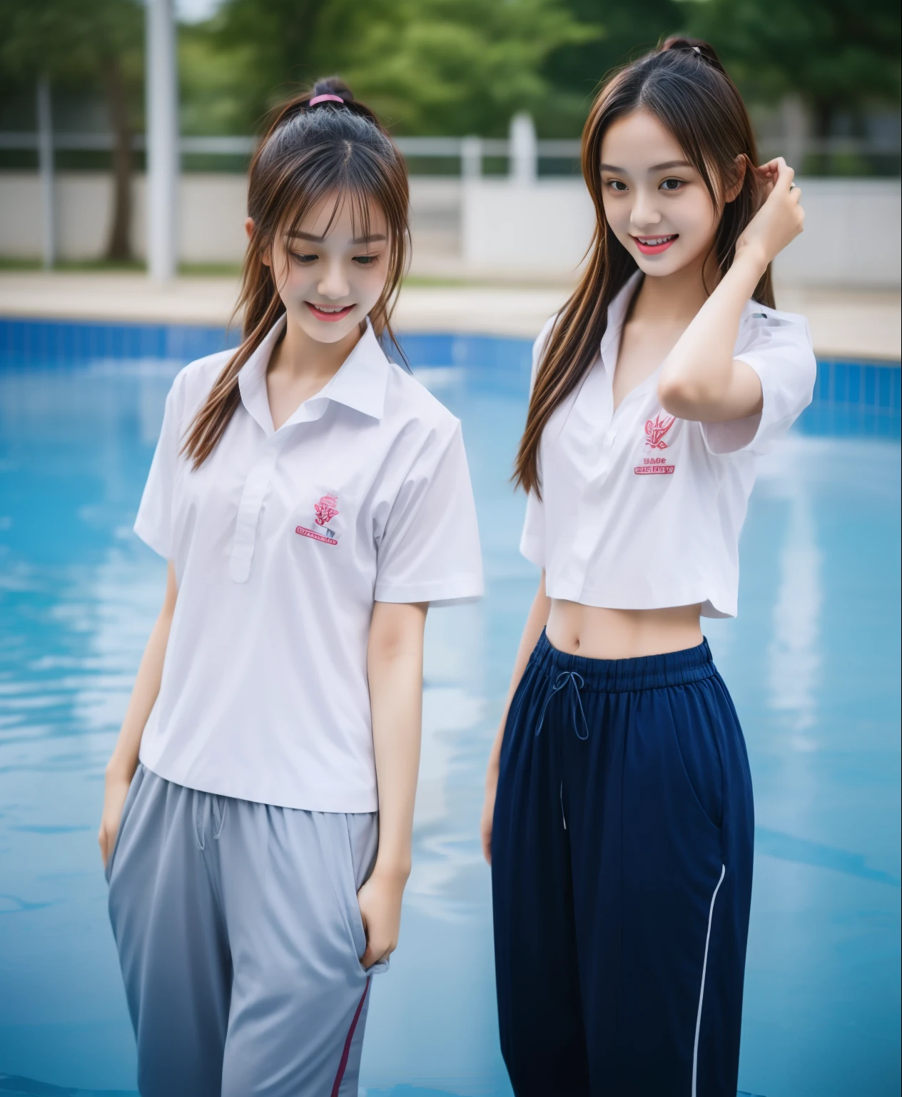 2 girls in the swimming pool, Navy blue short-sleeved shirt,Navy Long Trackpant,Sweatpants, Sweatpantsขายาว,25 year old girl, lesbian, sexy, exercise clothes, wet body