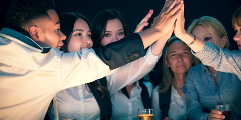 手を空中に上げてテーブルに座っている数people, people々Tying, group sit at table, Professional, on a dark background, while meeting together, exceptional, diverse, Harmonious integration, celebration, endless collaborating with ai, Hands raised in the air, special, hands in the air, unparalleled consistency, celebrate, collaborating, Cooperative