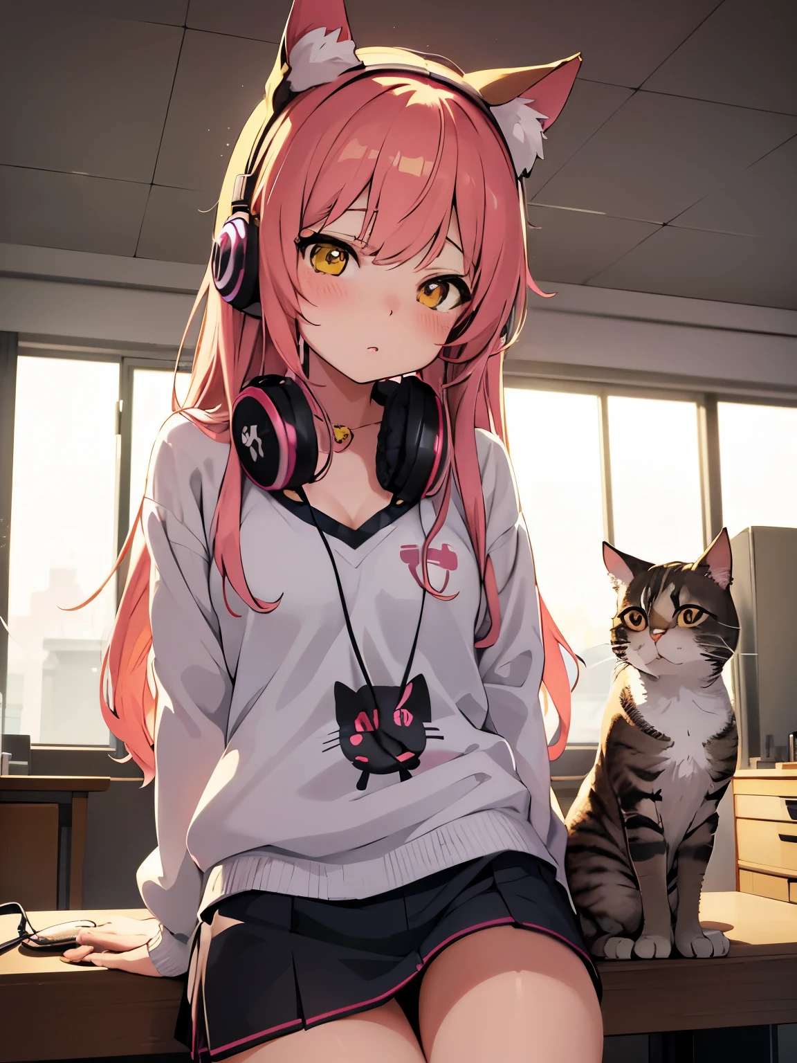 anime girl with headphones and cat sitting on desk in room, anime girl with cat ears, anime style 4 k, beautiful anime catgirl, cute anime catgirl, anime catgirl, anime cat, very beautiful anime cat girl, anime style. 8k, nightcore, (anime girl), anime vibes, 4k anime wallpaper, very beautiful cute catgirl