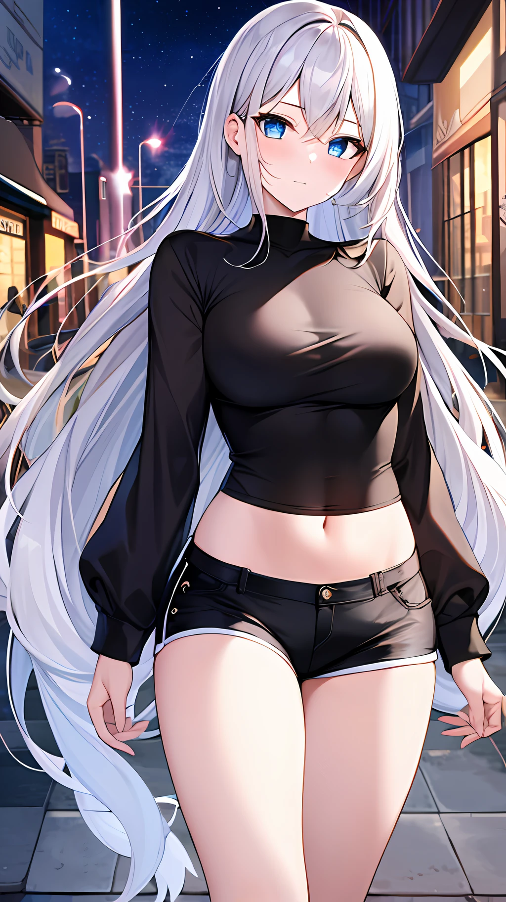 Best quality, highres 5, masterpiece, 1girl, white long hair, blue eyes, perfect body, black shirt, black shorts, street at night, 3shooting stars,