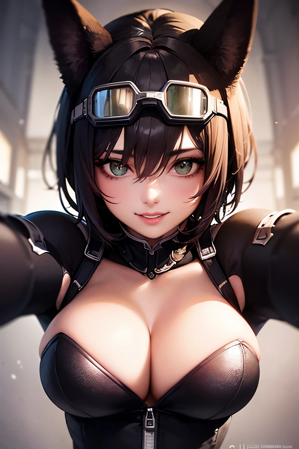 1girl, portrait of beautiful ctwmn, smile, black bodysuit, green eyes, short hair, athletic, cleavage, black headwear, fake animal ears, goggles on head, volumetric lighting, best quality, masterpiece, intricate details, tonemapping, sharp focus, hyper detailed, trending on Artstation, realistic,