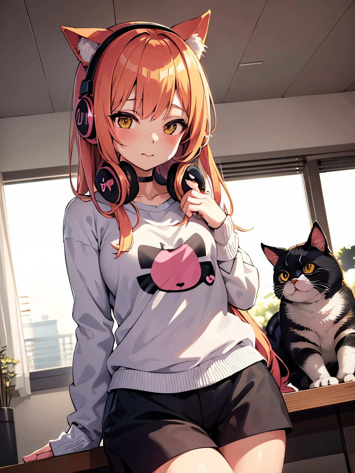 anime girl with headphones and cat sitting on desk in room, anime girl with cat ears, anime style 4 k, beautiful anime catgirl, cute anime catgirl, anime catgirl, anime cat, very beautiful anime cat girl, anime style. 8k, nightcore, (anime girl), anime vibes, 4k anime wallpaper, very beautiful cute catgirl