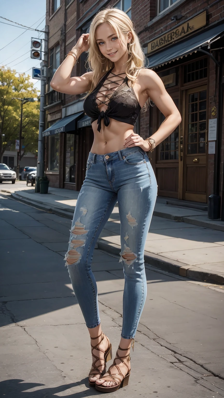 25-year-old Caucasian woman、blonde、blue eyes、long hair、I use a hair band to tie my hair together、smile、My abs are cracked、accessories on the wrist、smile、Slender but well-proportioned muscular body、I don't want my head to disappear from the screen.、wearing a drape neck top、I'm wearing low-rise skinny jeans、wearing lace-up sandals