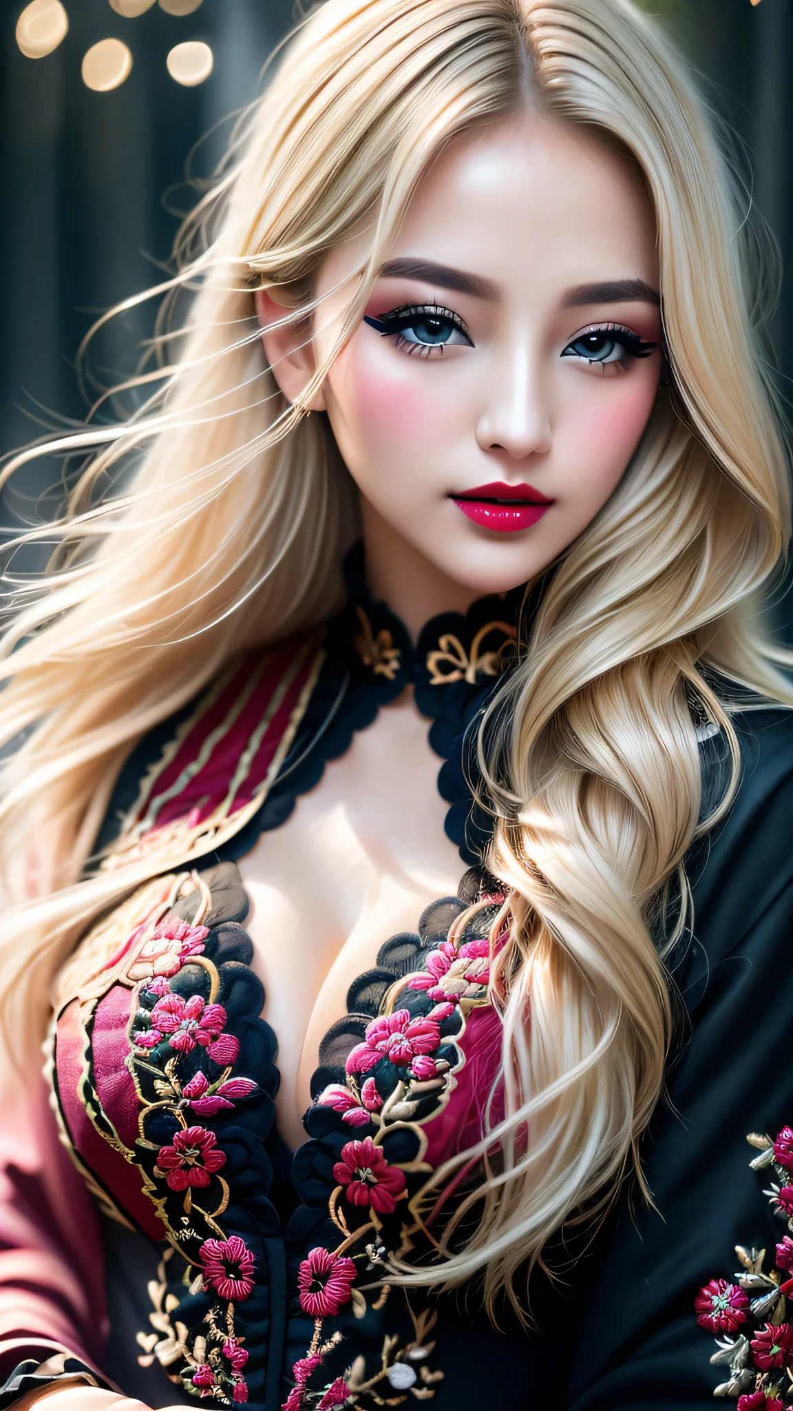 \\Special greetings to Ue-chan\\, Ultra-realistic、 ultra-detailed primetime portraits、 最high quality、 8K、highest level、 The ultra -The high-definition)、(Super beautiful)、(beautiful face:1.5)、(detailed face:1.5)、(detailed eyes:1.2)、(detailed lip:1.2)、(Detailed nose:1.2)、((cleavage:1.2))、((Use any technique, any style, any outfit, Sew, ((embroider)),choose the color of your eyes, hair and even hairstyles)), ((I encourage you to choose the right background for your phenomenally drawn creation))、 (Use any technique, any style, any outfit, even choose eyes color, ((hair different color than eyes))、 dynamic random fancy hairstyle, whatever and how to do it)、 1girl:1.4 22years old、fashion supermodel、real:1.75、photorealistic:1.75、(very delicate and beautiful、fine details:1.3)、masterpiece、 最high quality、 (high quality)、 (absurdres)、 (sharp fous)、(Glamour, paparazzi taking pictures of her)、 (blonde:1.3) (medium hair、extremely detailed)、 contrast、 (dark shot:1.22)、 Long 2blue_eyelashes:1.28、 (dark_eyeshadows:1.3)、 red_lipstick:1.45、((perfect round eyes))、 (dark_pink_makeup:1.24)、(matte skin:1.3)、 ((upper body shot))