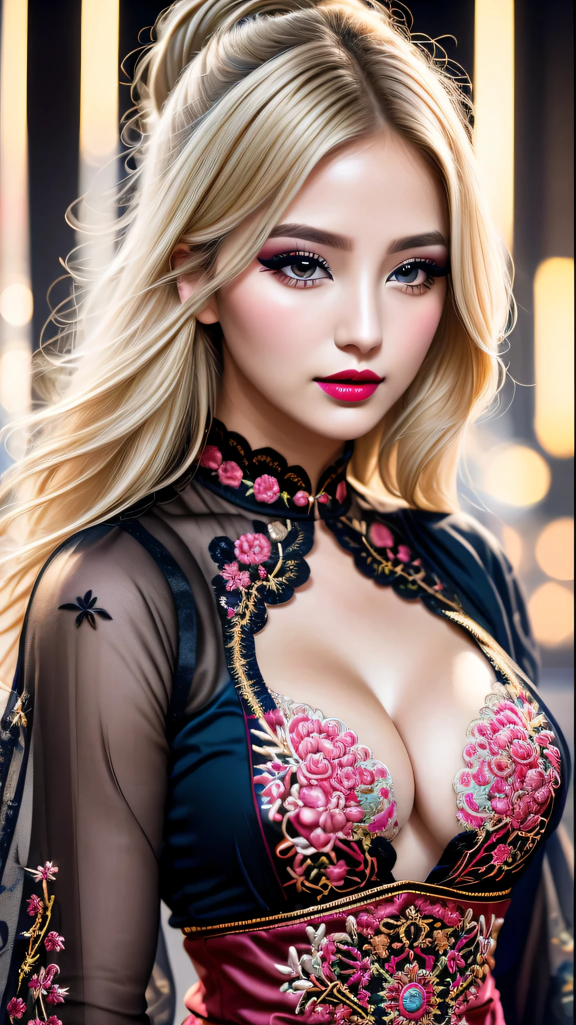 \\Special greetings to Ue-chan\\, Ultra-realistic、 ultra-detailed primetime portraits、 最high quality、 8K、highest level、 The ultra -The high-definition)、(Super beautiful)、(beautiful face:1.5)、(detailed face:1.5)、(detailed eyes:1.2)、(detailed lip:1.2)、(Detailed nose:1.2)、((cleavage:1.2))、((Use any technique, any style, any outfit, Sew, ((embroider)),choose the color of your eyes, hair and even hairstyles)), ((I encourage you to choose the right background for your phenomenally drawn creation))、 (Use any technique, any style, any outfit, even choose eyes color, ((hair different color than eyes))、 dynamic random fancy hairstyle, whatever and how to do it)、 1girl:1.4 22years old、fashion supermodel、real:1.75、photorealistic:1.75、(very delicate and beautiful、fine details:1.3)、masterpiece、 最high quality、 (high quality)、 (absurdres)、 (sharp fous)、(Glamour, paparazzi taking pictures of her)、 (blonde:1.3) (medium hair、extremely detailed)、 contrast、 (dark shot:1.22)、 Long 2blue_eyelashes:1.28、 (dark_eyeshadows:1.3)、 red_lipstick:1.45、((perfect round eyes))、 (dark_pink_makeup:1.24)、(matte skin:1.3)、 ((upper body shot))