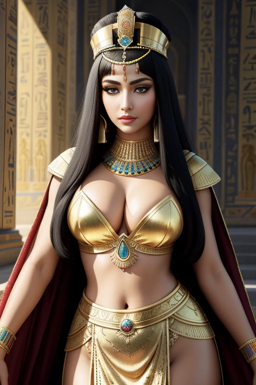 A portrait of a drop dead gorgeous Cleopatra, with intricate and detailed golden headdress adorning her bald head, dressed in a shimmering royal Egyptian gown, revealing her fit and slim waist, hourglass figure, and seductive curve, capturing her captivating and alluring gaze, with heavily lined and intense eye makeup, accentuating her elegance and power. HDR, dramatic lighting, with a cinematic shot, vivid colors, reminiscent of ancient Egyptian art, an ultra-realistic masterpiece. (events:1.1), antique, ancient Egypt, luxurious, royal, royalty, regal, powerful, Cleopatra, queens, majestic, historic