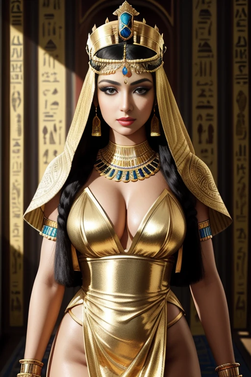 A portrait of a drop dead gorgeous Cleopatra, with intricate and detailed golden headdress adorning her bald head, dressed in a shimmering royal Egyptian gown, revealing her fit and slim waist, hourglass figure, and seductive curve, capturing her captivating and alluring gaze, with heavily lined and intense eye makeup, accentuating her elegance and power. HDR, dramatic lighting, with a cinematic shot, vivid colors, reminiscent of ancient Egyptian art, an ultra-realistic masterpiece. (events:1.1), antique, ancient Egypt, luxurious, royal, royalty, regal, powerful, Cleopatra, queens, majestic, historic