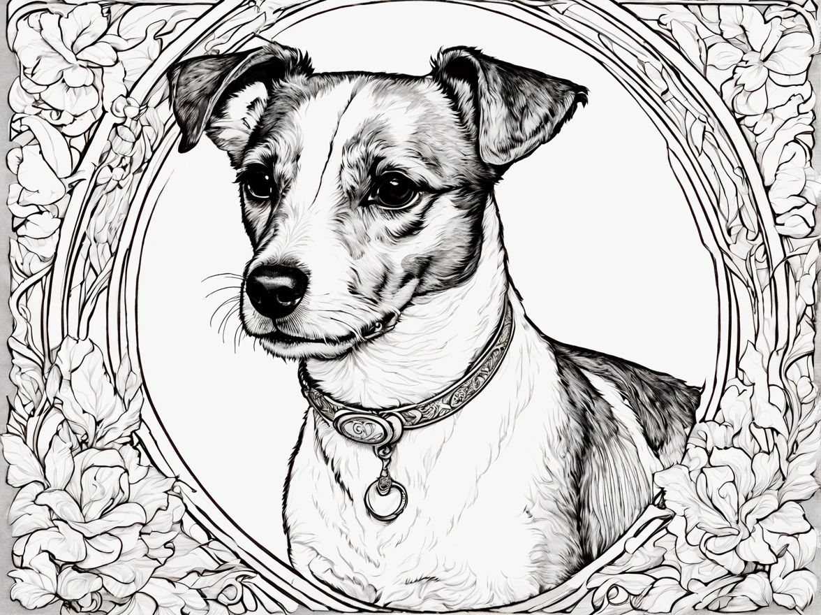a beautiful drawing of jack russel, warm colors,ColoringBookAF, calm background, no shadows, decorative panel, abstract Art by Alphonse Mucha, floral frame, fibonacci, finelines, intricate details