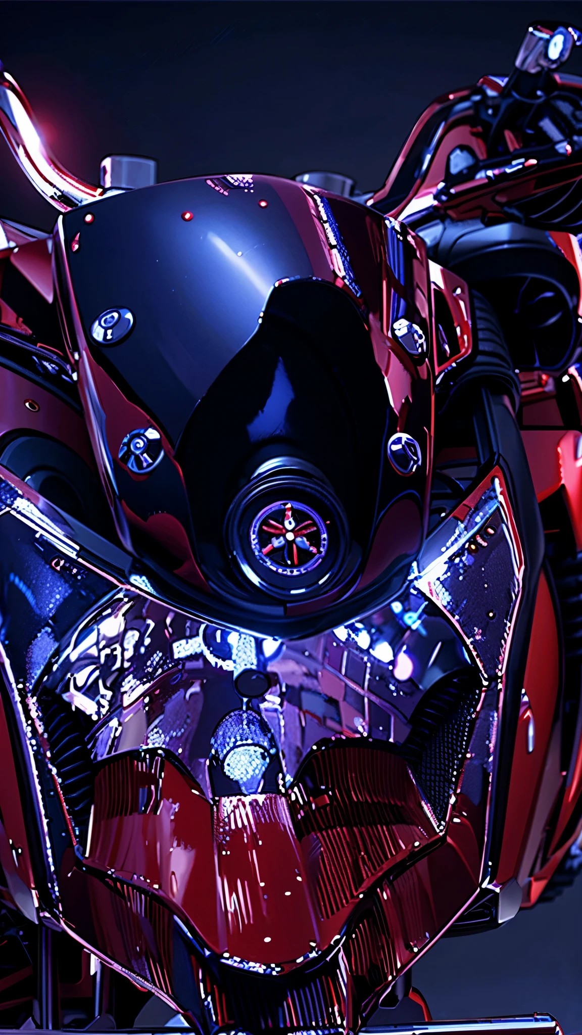 Best quality, mastetpiece, high resolution, 8k, HDR, robot, metal, crome, gliter, motorbike, glossy, shiny, (full color), red black blue