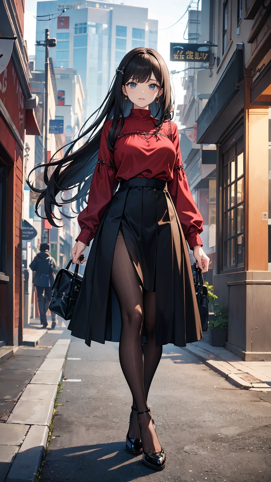 ((masterpiece, high resolution, best quality, best details, anime)), a woman standing on the street, dressed in a long skirt, leather jacket, red blouse and pumps high heels, (((long loose black skirt))), leather jacket black, pumps platform high heels, ((pantyhose)), long straight hair, light brown hair, silver eyes, street landscape, (((ankle length skirt))), fabric skirt, fabric blouse, ((full skirt without openings)), curvy body,