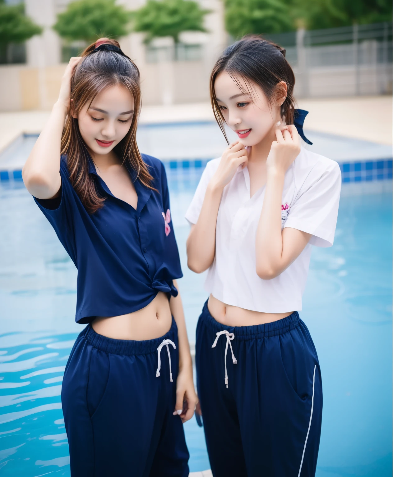 2 girls in the swimming pool, Navy blue short-sleeved shirt,Navy Long Trackpant,Sweatpants, Sweatpantsขายาว,25 year old girl, lesbian, sexy, exercise clothes, wet body