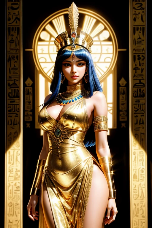 A portrait of a drop dead gorgeous Cleopatra, with intricate and detailed golden headdress adorning her bald head, dressed in a shimmering royal Egyptian gown, revealing her fit and slim waist, hourglass figure, and seductive curve, capturing her captivating and alluring gaze, with heavily lined and intense eye makeup, accentuating her elegance and power. HDR, dramatic lighting, with a cinematic shot, vivid colors, reminiscent of ancient Egyptian art, an ultra-realistic masterpiece. (events:1.1), antique, ancient Egypt, luxurious, royal, royalty, regal, powerful, Cleopatra, queens, majestic, historic
