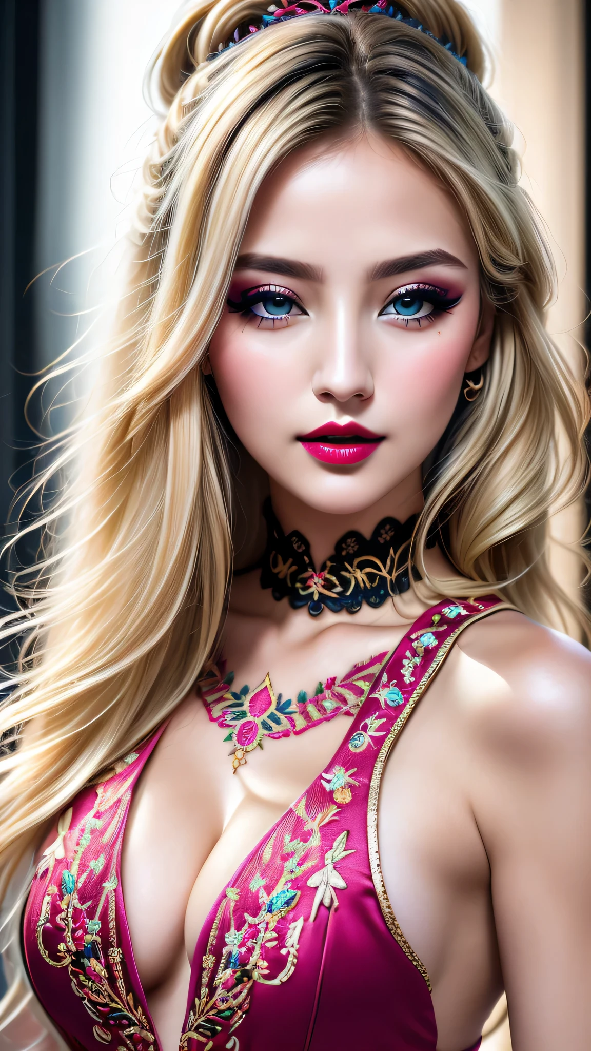 \\Special greetings to Ue-chan\\, Ultra-realistic、 ultra-detailed primetime portraits、 最high quality、 8K、highest level、 The ultra -The high-definition)、(Super beautiful)、(beautiful face:1.5)、(detailed face:1.5)、(detailed eyes:1.2)、(detailed lip:1.2)、(Detailed nose:1.2)、((cleavage:1.2))、((Use any technique, any style, any outfit, Sew, ((embroider)),choose the color of your eyes, hair and even hairstyles)), ((I encourage you to choose the right background for your phenomenally drawn creation))、 (Use any technique, any style, any outfit, even choose eyes color, ((hair different color than eyes))、 dynamic random fancy hairstyle, whatever and how to do it)、 1girl:1.4 22years old、fashion supermodel、real:1.75、photorealistic:1.75、(very delicate and beautiful、fine details:1.3)、masterpiece、 最high quality、 (high quality)、 (absurdres)、 (sharp fous)、(Glamour, paparazzi taking pictures of her)、 (blonde:1.3) (medium hair、extremely detailed)、 contrast、 (dark shot:1.22)、 Long 2blue_eyelashes:1.28、 (dark_eyeshadows:1.3)、 red_lipstick:1.45、((perfect round eyes))、 (dark_pink_makeup:1.24)、(matte skin:1.3)、 ((upper body shot))