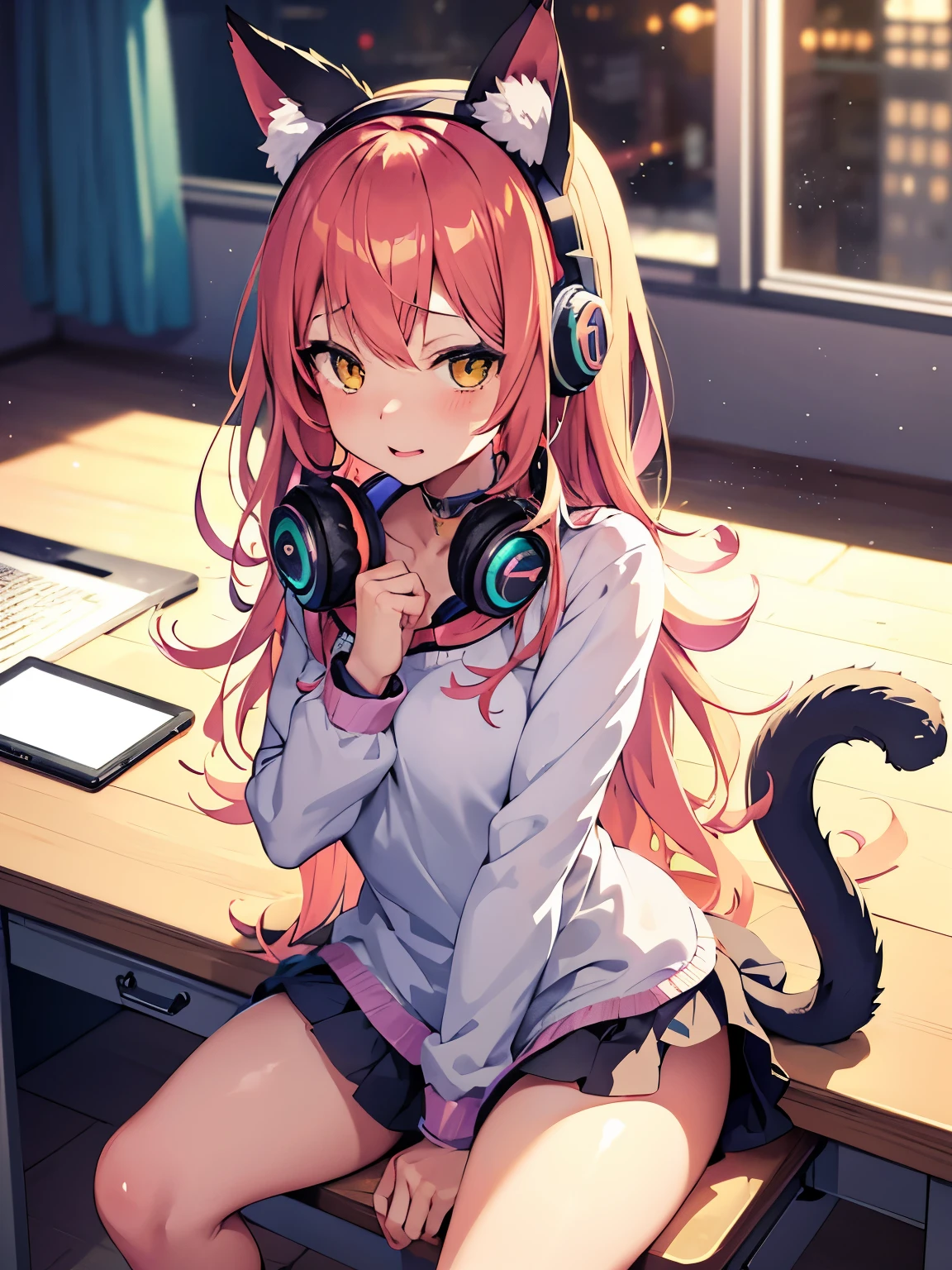 anime girl with headphones and cat sitting on desk in room, anime girl with cat ears, anime style 4 k, beautiful anime catgirl, cute anime catgirl, anime catgirl, anime cat, very beautiful anime cat girl, anime style. 8k, nightcore, (anime girl), anime vibes, 4k anime wallpaper, very beautiful cute catgirl