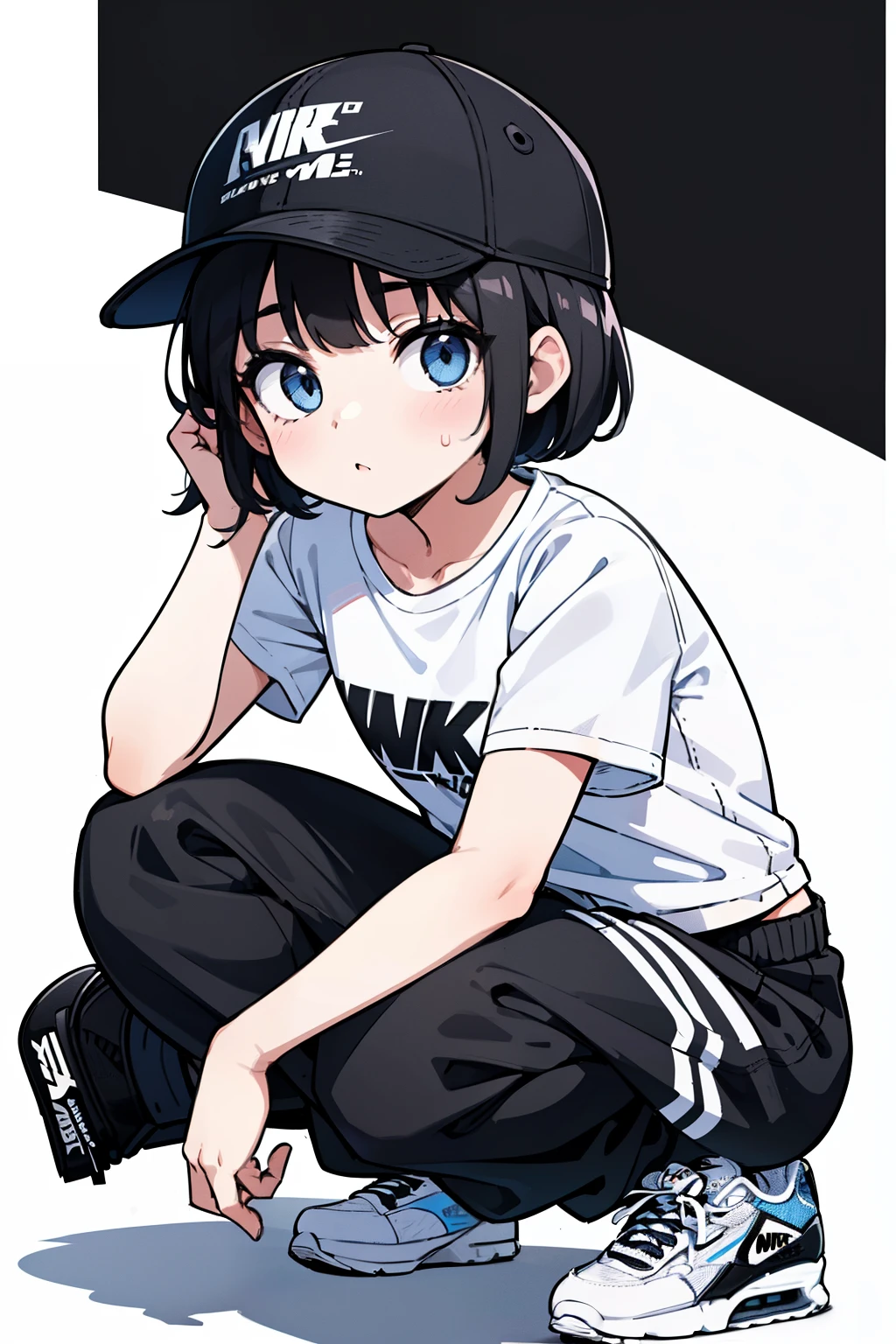 1girl, solo, blue eyes, (detailed eyes), flat chest, short hair, black hair, baseball cap, white cap, white t-shirt, cargo pants, sweatpants, black pants, squatting, black shoes, ((shoes air max 90)), full body, ((white background)), looking at viewer, ((masterpiece, illustration, best quality)) 