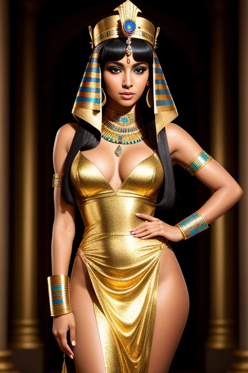 A portrait of a drop dead gorgeous Cleopatra, with intricate and detailed golden headdress adorning her bald head, dressed in a shimmering royal Egyptian gown, revealing her fit and slim waist, hourglass figure, and seductive curve, capturing her captivating and alluring gaze, with heavily lined and intense eye makeup, accentuating her elegance and power. HDR, dramatic lighting, with a cinematic shot, vivid colors, reminiscent of ancient Egyptian art, an ultra-realistic masterpiece. (events:1.1), antique, ancient Egypt, luxurious, royal, royalty, regal, powerful, Cleopatra, queens, majestic, historic