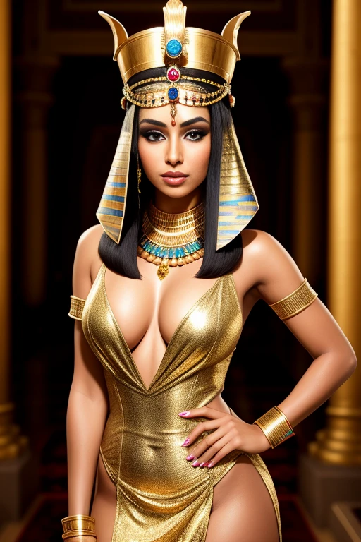 A portrait of a drop dead gorgeous Cleopatra, with intricate and detailed golden headdress adorning her bald head, dressed in a shimmering royal Egyptian gown, revealing her fit and slim waist, hourglass figure, and seductive curve, capturing her captivating and alluring gaze, with heavily lined and intense eye makeup, accentuating her elegance and power. HDR, dramatic lighting, with a cinematic shot, vivid colors, reminiscent of ancient Egyptian art, an ultra-realistic masterpiece. (events:1.1), antique, ancient Egypt, luxurious, royal, royalty, regal, powerful, Cleopatra, queens, majestic, historic