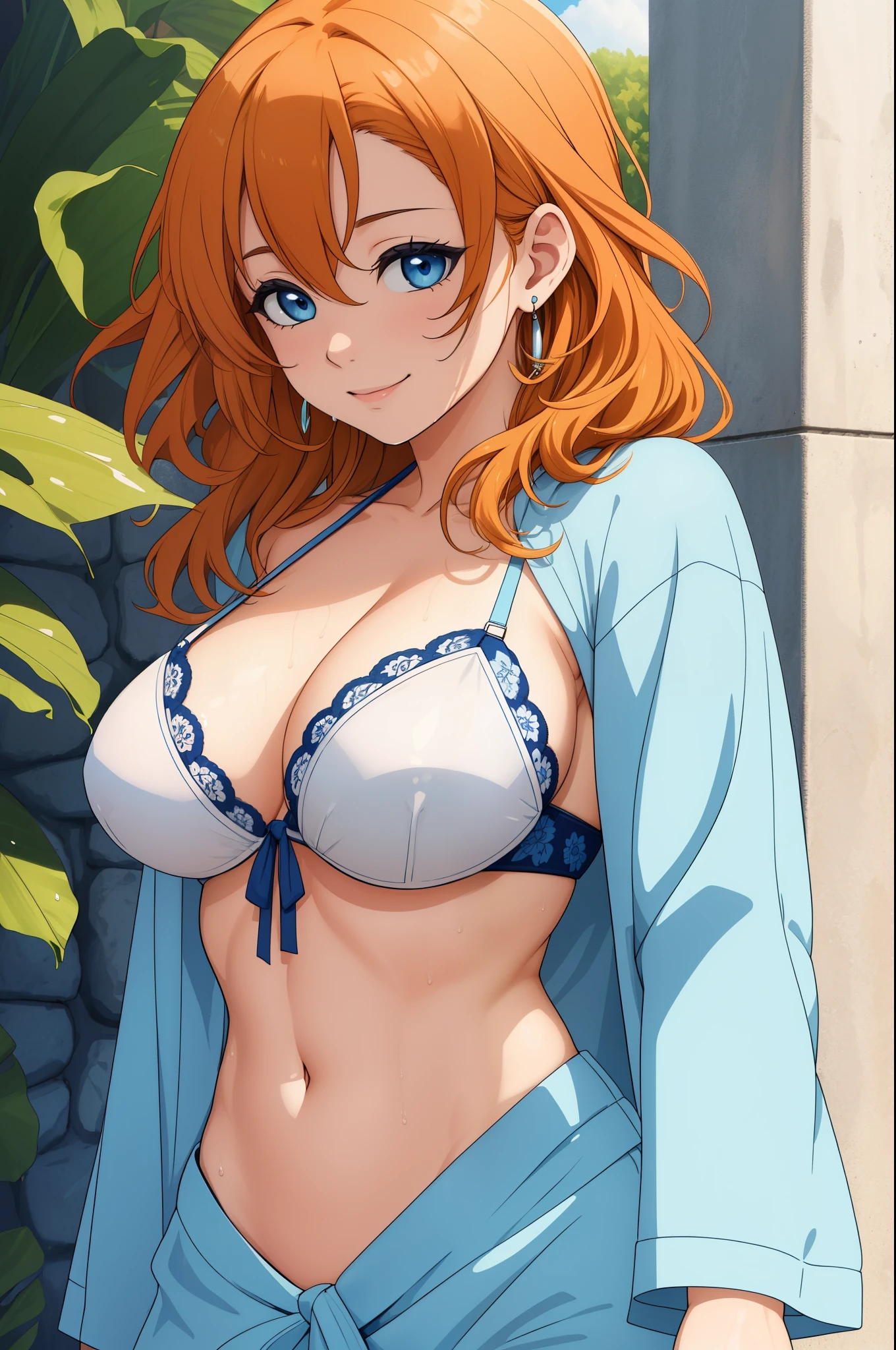 (Masterpiece, Best Quality, High Quality), professional artwork, well drawn, Intricate Details, slightly side view,solo,
Kousaka honoka, afternoon, milf, curvy body,long hair,
Orange hair, ultra detail hair, ultra detail face, perfect eyes,  earring, blue eyes, Looking at Viewer, smile,
White stylish bikini, cleavage, bikini breasts, thighs ,wet body 