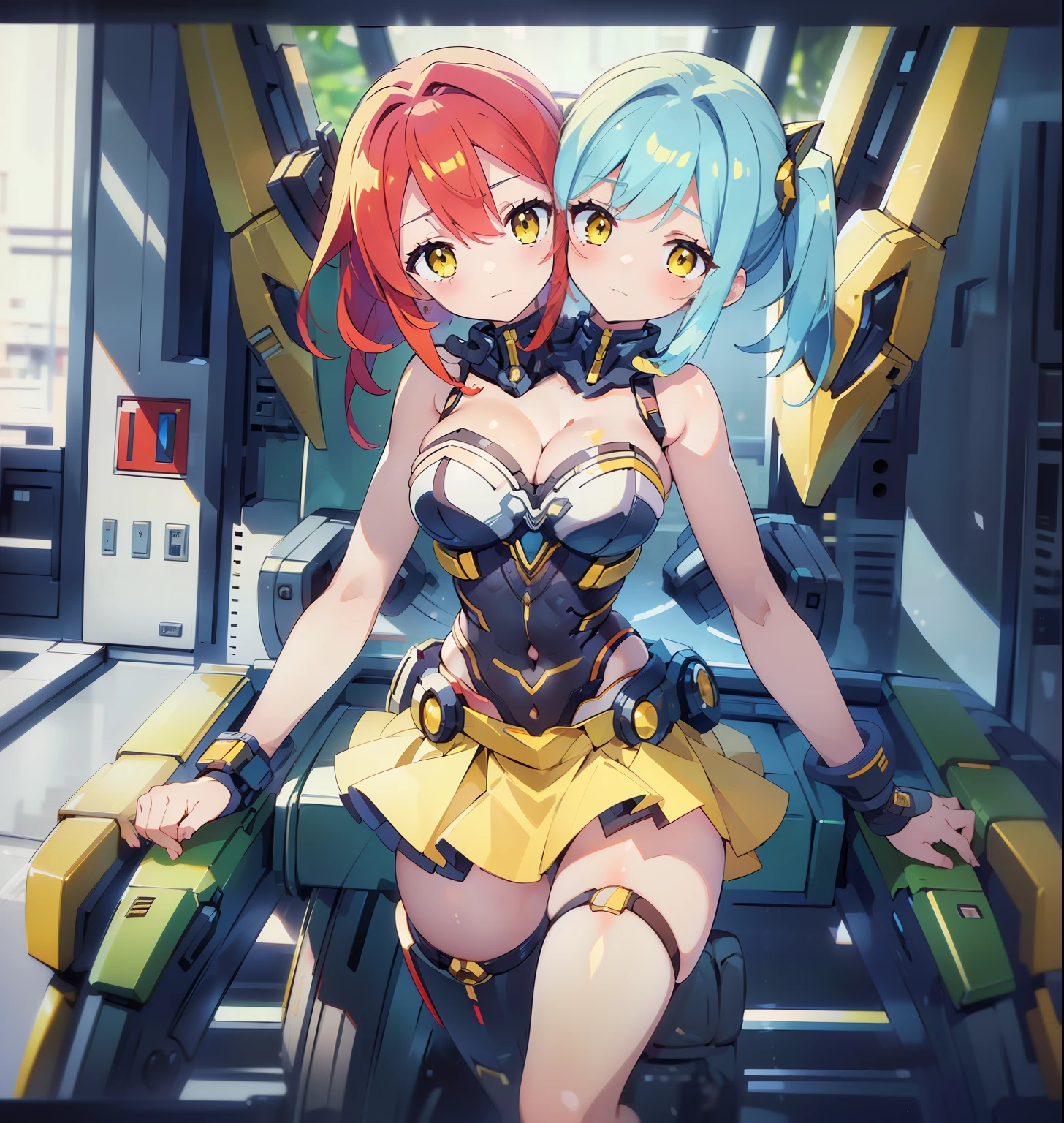 best quality, (masterpiece),(ultra-detailed), (high quality), (high resolution), (2heads:1.5) red hair, light blue hair, yellow eyes, two headed woman ((yellow mecha)), cleavage, ,best quality:1.5, highres, UHD, 4K),, ((skirt )),  figure, yellow Mecha mesume, yellow outfit