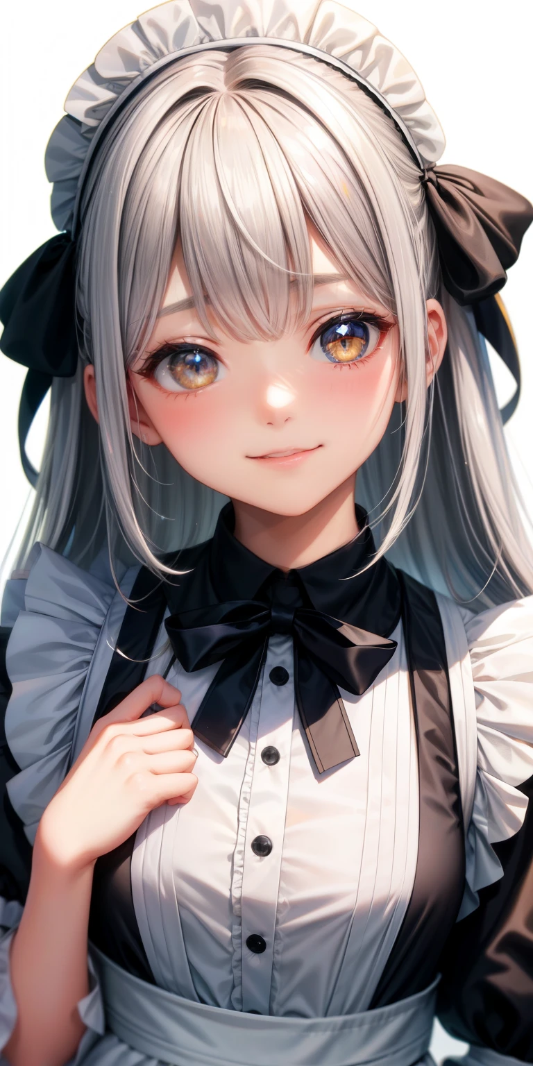 girl、white background、no background、gray hair、long hair、straight long hair、Contrasting bangs、Eyes are sparkling、highlight、白黒のmaid服、maid、frills、Look at this、can&#39;I can&#39;t see the cut、Not seen、Everything is displayed、photograph all hair、blush、smile、cute、cute、no background