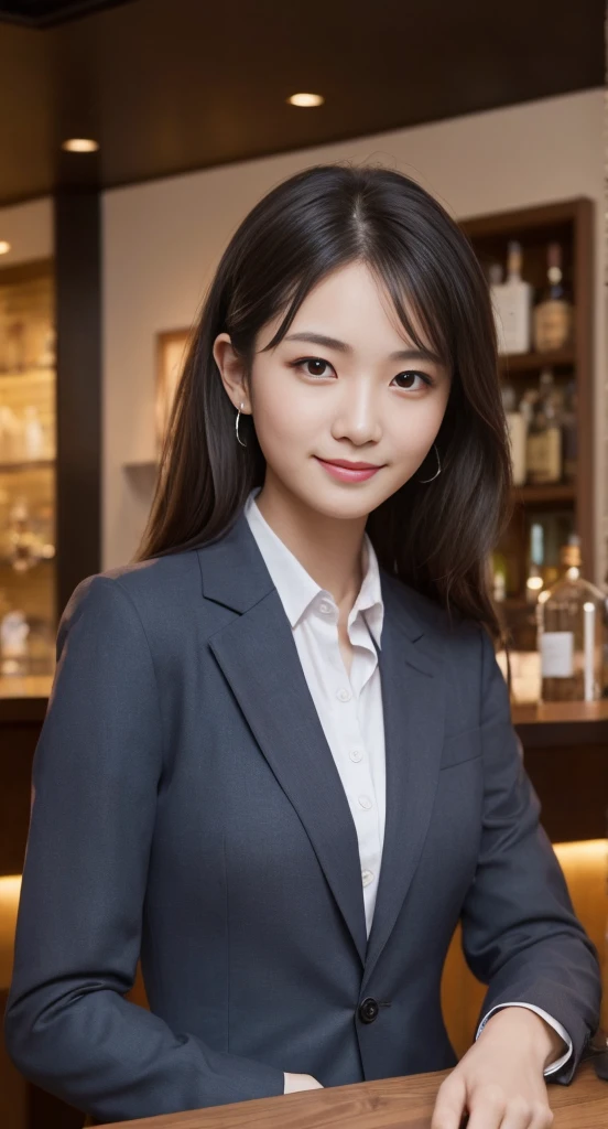(highest quality、masterpiece:1.2)、highest quality、realistic、photograph、High resolution、1080P、8K、rough skin、physical rendering、1 Japanese woman、、cute、young face、curly hair、(suit:1.5)、Sit at the bar counter、full of embarrassment、smile、big