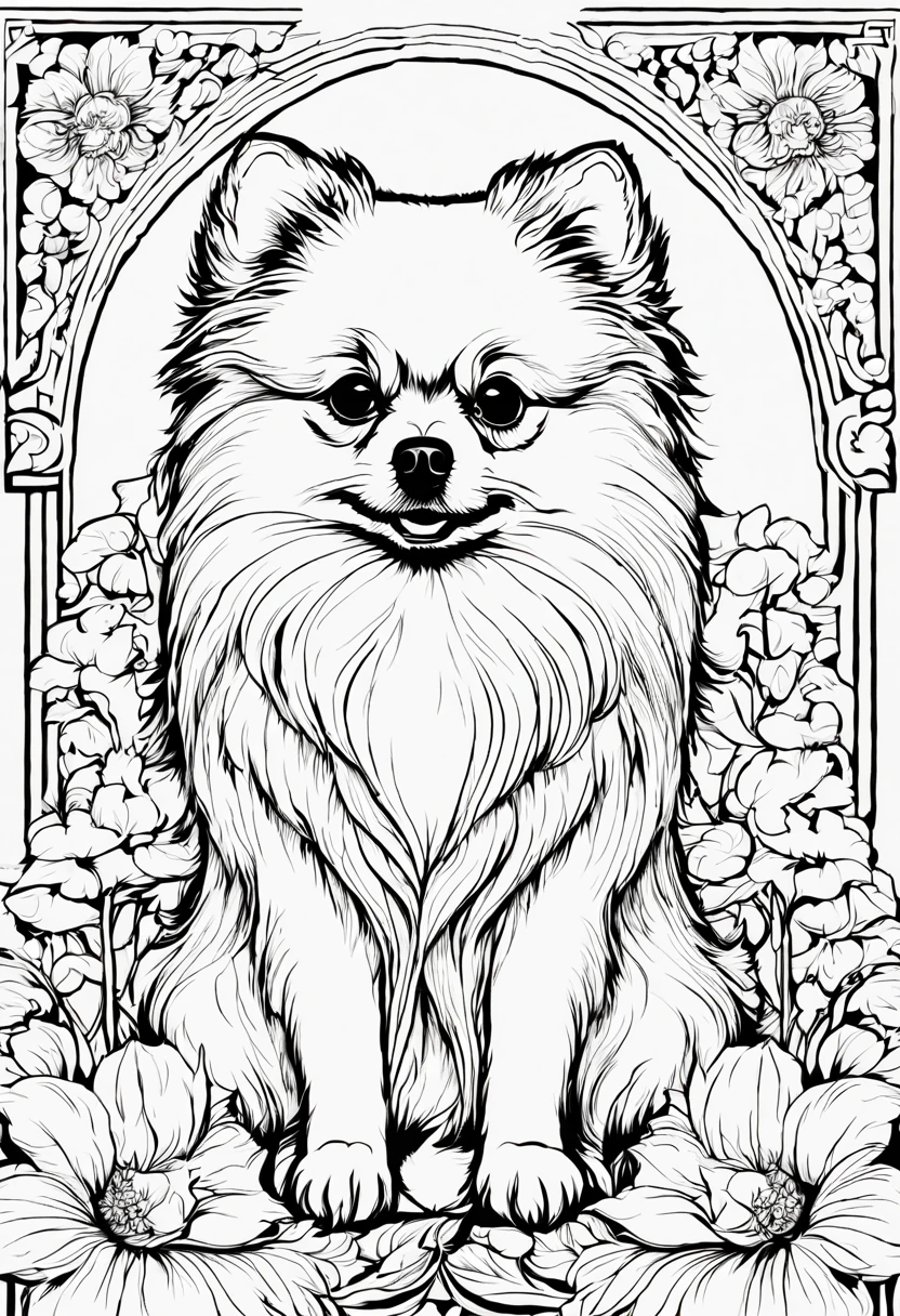 a beautiful drawing of pomeranian, warm colors,ColoringBookAF, calm background, no shadows, decorative panel, abstract Art by Alphonse Mucha, floral frame, fibonacci, finelines, intricate details, detailed, scetch, beautiful