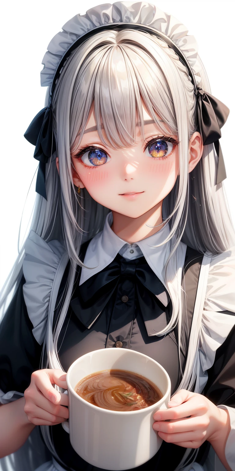 girl、white background、no background、gray hair、long hair、straight long hair、Contrasting bangs、Eyes are sparkling、highlight、白黒のmaid服、maid、frills、Look at this、can&#39;I can&#39;t see the cut、Not seen、Everything is displayed、photograph all hair、blush、smile、cute、cute、no background