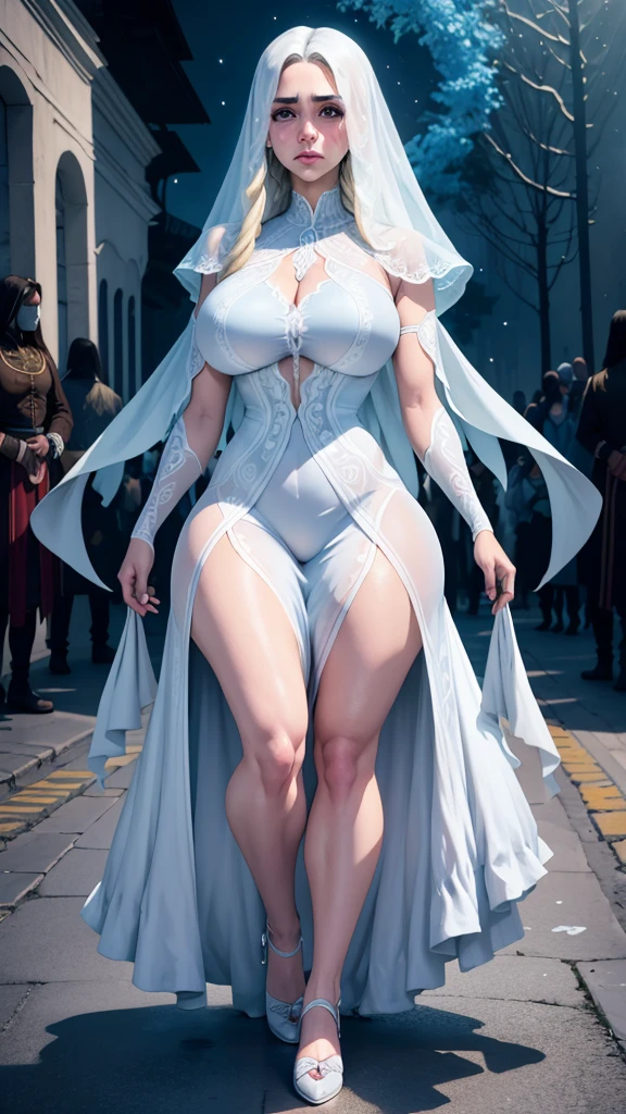 La llorona con brazos extendidos, Ghost, leyenda mexicana, espectro, fantasma, piel azul transparente, fantasmal vestido blanco roto, flotando, sosteniendo ramo de flores marchitas, en escenario de noche en calles de pueblo mexicano