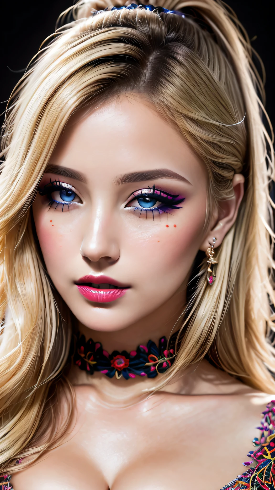 \\Special greetings to Ue-chan\\, Ultra-realistic、 ultra-detailed primetime portraits、 最high quality、 8K、highest level、 The ultra -The high-definition)、(Super beautiful)、(beautiful face:1.5)、(detailed face:1.5)、(detailed eyes:1.2)、(detailed lip:1.2)、(Detailed nose:1.2)、((cleavage:1.2))、((Use any technique, any style, any outfit, Sew, ((embroider)),choose the color of your eyes, hair and even hairstyles)), ((I encourage you to choose the right background for your phenomenally drawn creation))、 (Use any technique, any style, any outfit, even choose eyes color, ((hair different color than eyes))、 dynamic random fancy hairstyle, whatever and how to do it)、 1girl:1.4 22years old、fashion supermodel、real:1.75、photorealistic:1.75、(very delicate and beautiful、fine details:1.3)、masterpiece、 最high quality、 (high quality)、 (absurdres)、 (sharp fous)、(Glamour, paparazzi taking pictures of her)、 (blonde:1.3) (medium hair、extremely detailed)、 contrast、 (dark shot:1.22)、 Long 2blue_eyelashes:1.28、 (dark_eyeshadows:1.3)、 red_lipstick:1.45、((perfect round eyes))、 (dark_pink_makeup:1.24)、(matte skin:1.3)、 ((upper body shot))