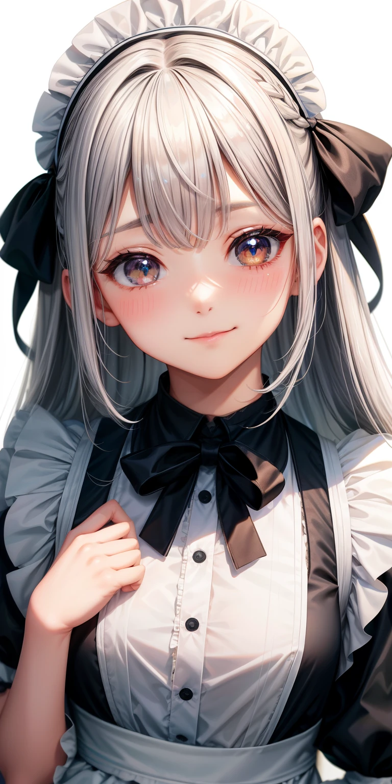 girl、white background、no background、gray hair、long hair、straight long hair、Contrasting bangs、Eyes are sparkling、highlight、白黒のmaid服、maid、frills、Look at this、can&#39;I can&#39;t see the cut、Not seen、Everything is displayed、photograph all hair、blush、smile、cute、cute、no background
