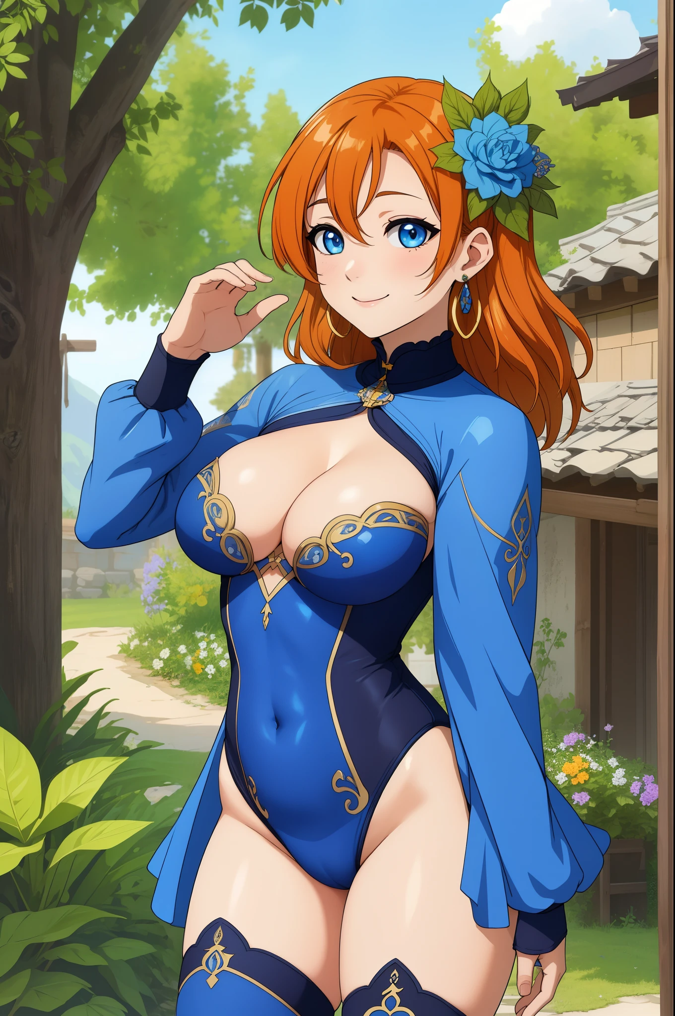 (Masterpiece, Best Quality, High Quality), professional artwork, well drawn, Intricate Details, slightly side view,solo,in village 
Kousaka honoka, afternoon, milf, curvy body,long hair,
Orange hair, ultra detail hair, ultra detail face, perfect eyes,  earring, blue eyes, Looking at Viewer, smile, magical girl leotard, cleavage, thighhighs, thighs  