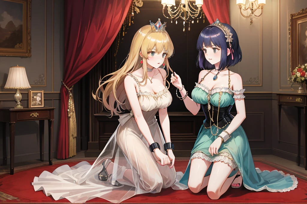 A woman with big ,Young princess,victorian style,clavicle,Lower chest,Transparent nightdress,captivity,kneeling,handcuff,chains,Tortoiseshell binding,(In the room),