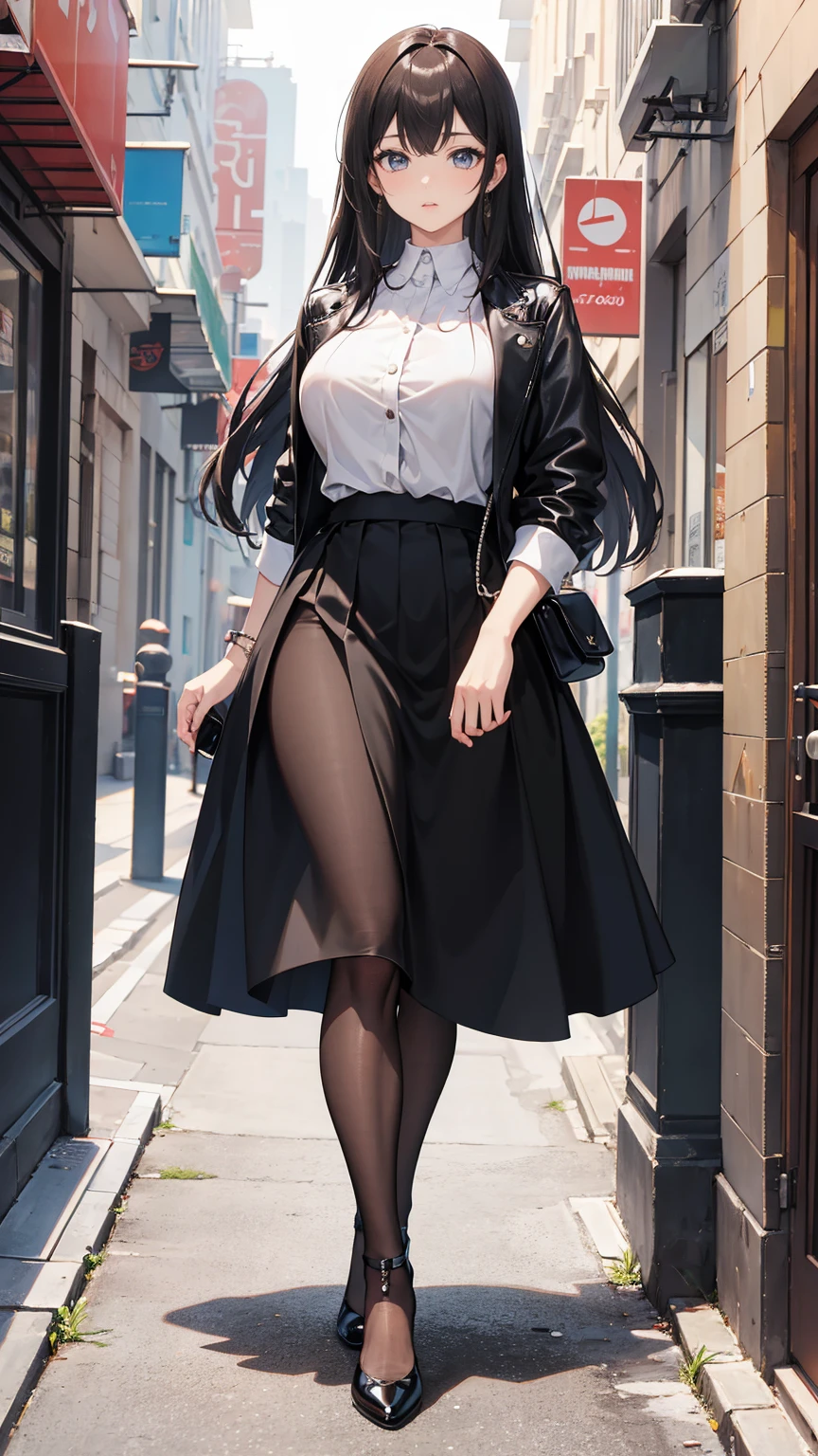 ((masterpiece, high resolution, best quality, best details, anime)), a woman standing on the street, dressed in a long skirt, leather jacket, red blouse and pumps high heels, (((long loose black skirt))), leather jacket black, pumps platform high heels, ((pantyhose)), long straight hair, light brown hair, silver eyes, street landscape, (((ankle length skirt))), fabric skirt, fabric blouse, ((full skirt without openings)), curvy body,