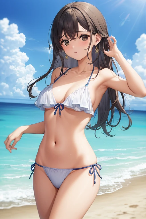 1girl in、A smile、（small tits）Chilarism、夏天、mare、sea bathing、（Wearing a white bikini swimsuit）with pareo、Beach、the wind、suns、Upper body portrait、