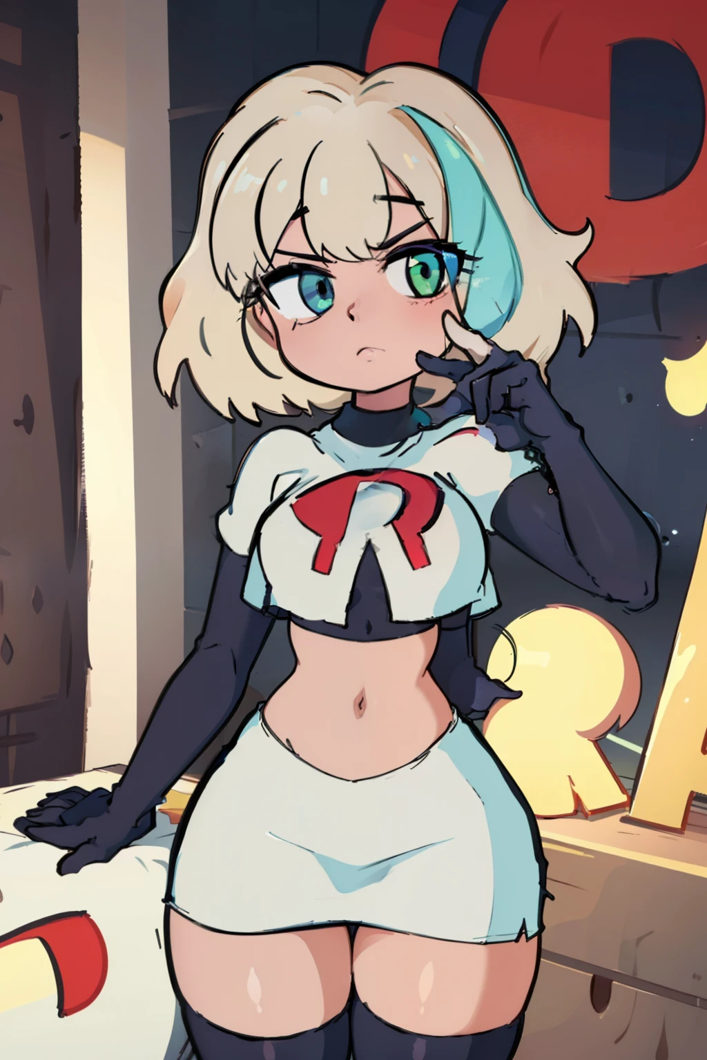 (masterpiece, best quality, high resolution:1.4), 1girl, jackie lynn thomas, blonde hair, short hair, looking at viewer, team rocket,team rocket uniform,white skirt,red letter R,crop top,black thigh-highs,black elbow gloves,