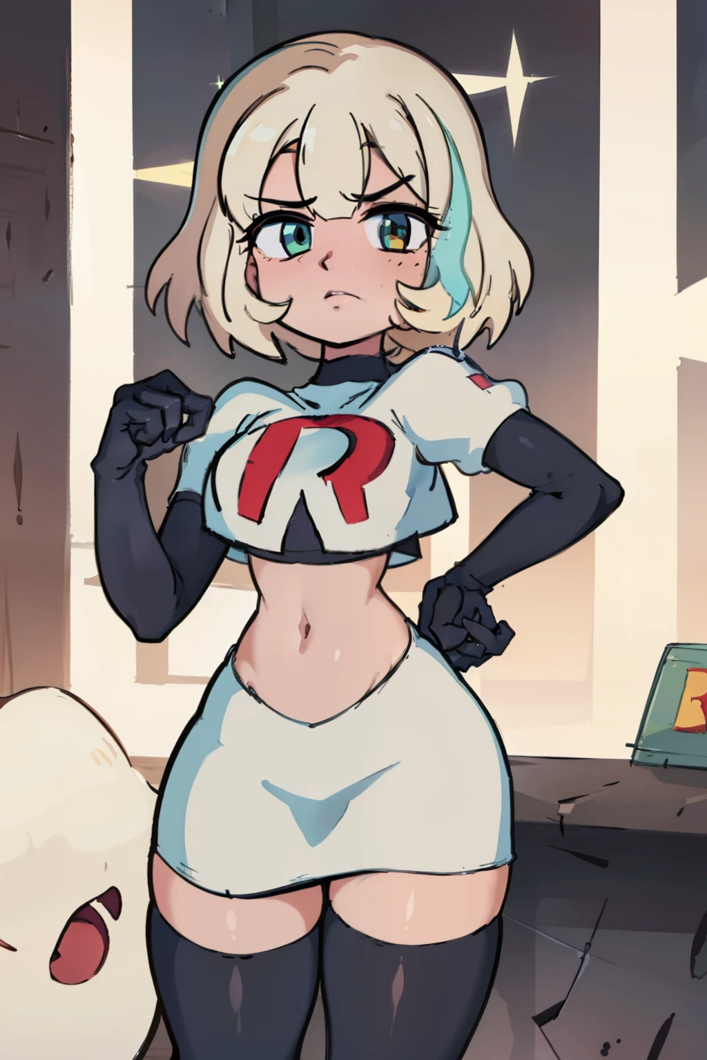 (masterpiece, best quality, high resolution:1.4), 1girl, jackie lynn thomas, blonde hair, short hair, looking at viewer, team rocket,team rocket uniform,white skirt,red letter R,crop top,black thigh-highs,black elbow gloves,