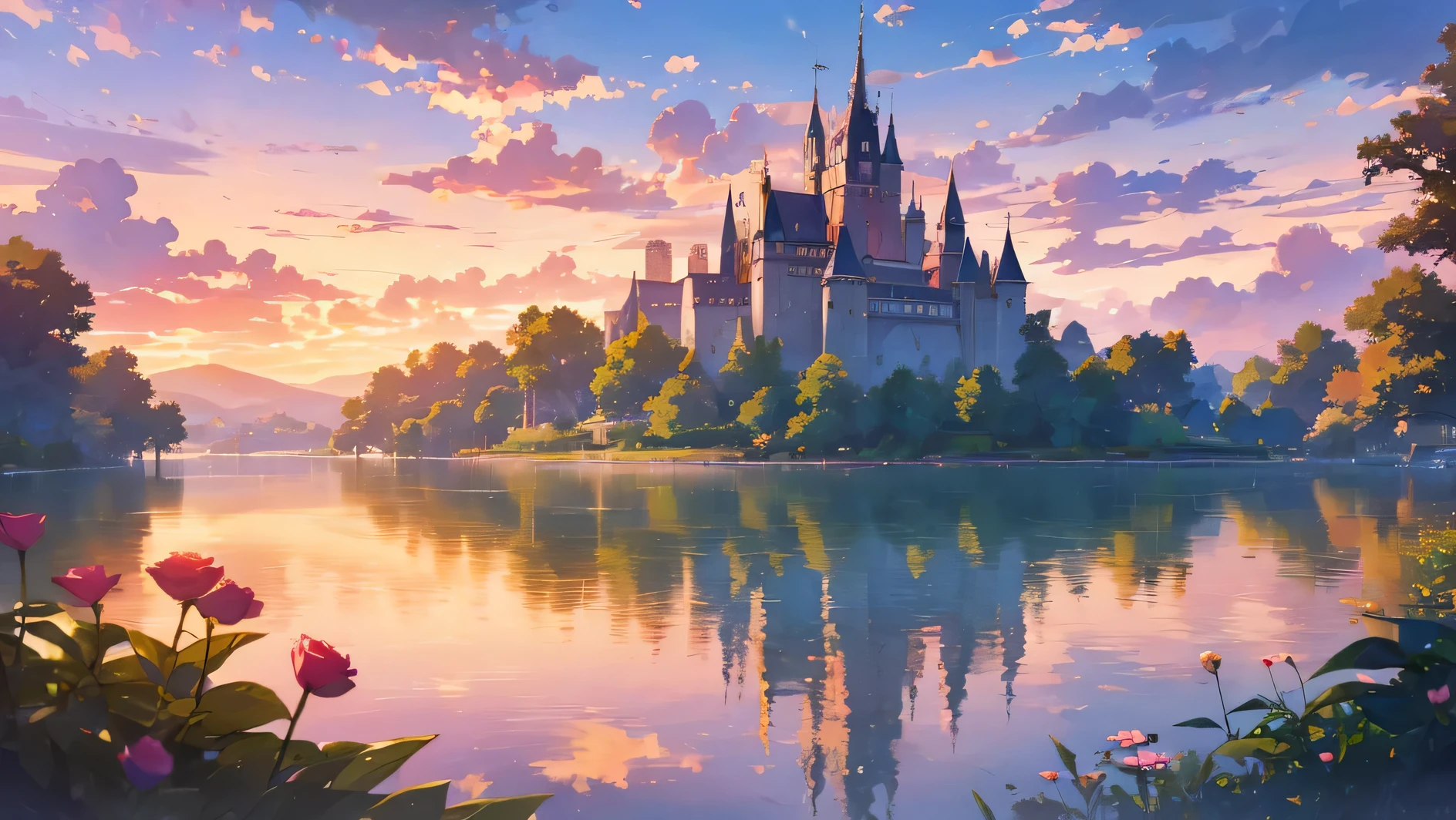 a big castle on a lake nostalgic clouds sunset and a lot of plants a flowers, golden hour roses and pink
