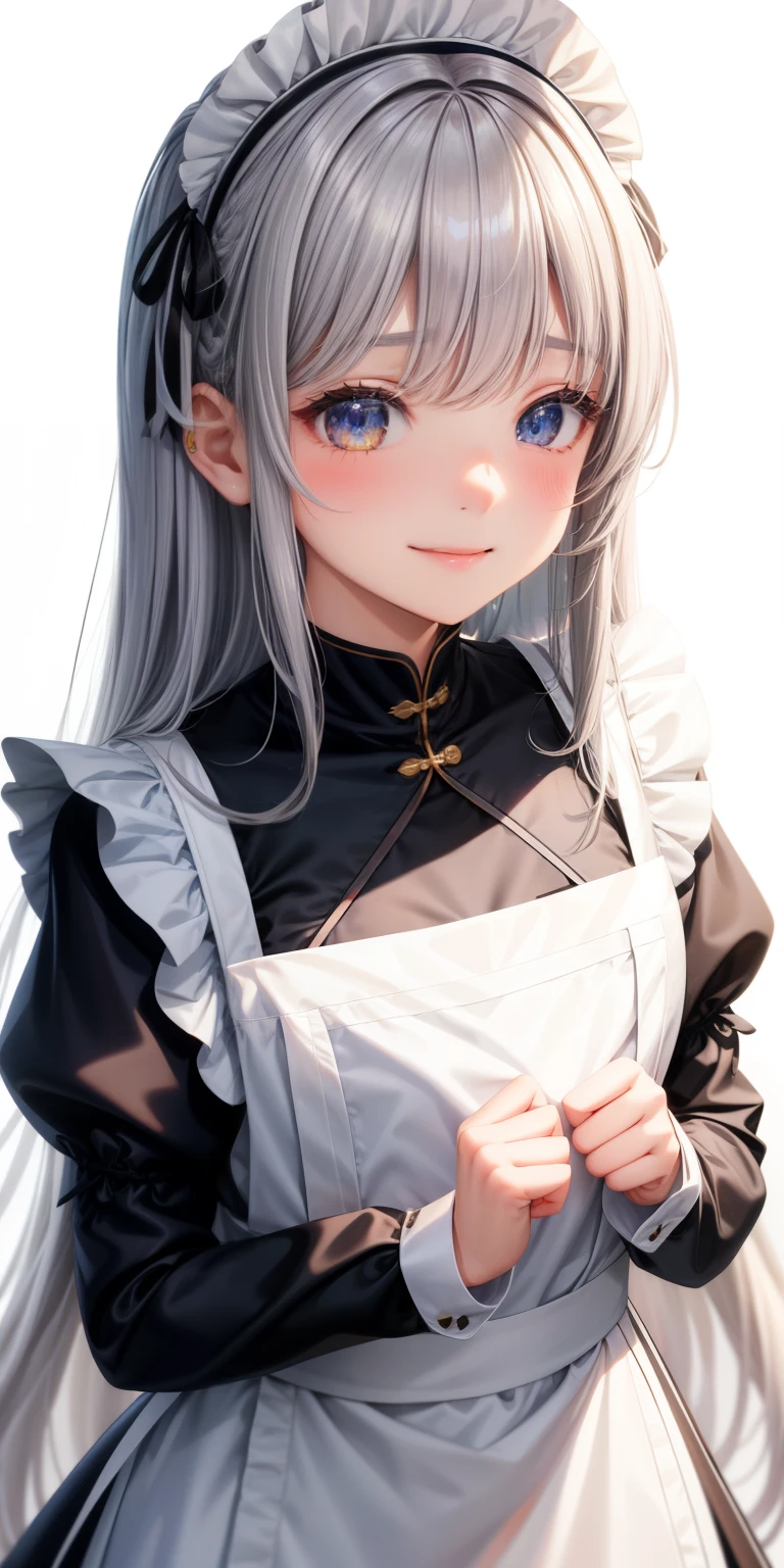 girl、white background、no background、gray hair、long hair、straight long hair、Contrasting bangs、Eyes are sparkling、highlight、白黒のmaid服、maid、frills、Look at this、can&#39;I can&#39;t see the cut、Not seen、Everything is displayed、photograph all hair、blush、smile、cute、cute、no background