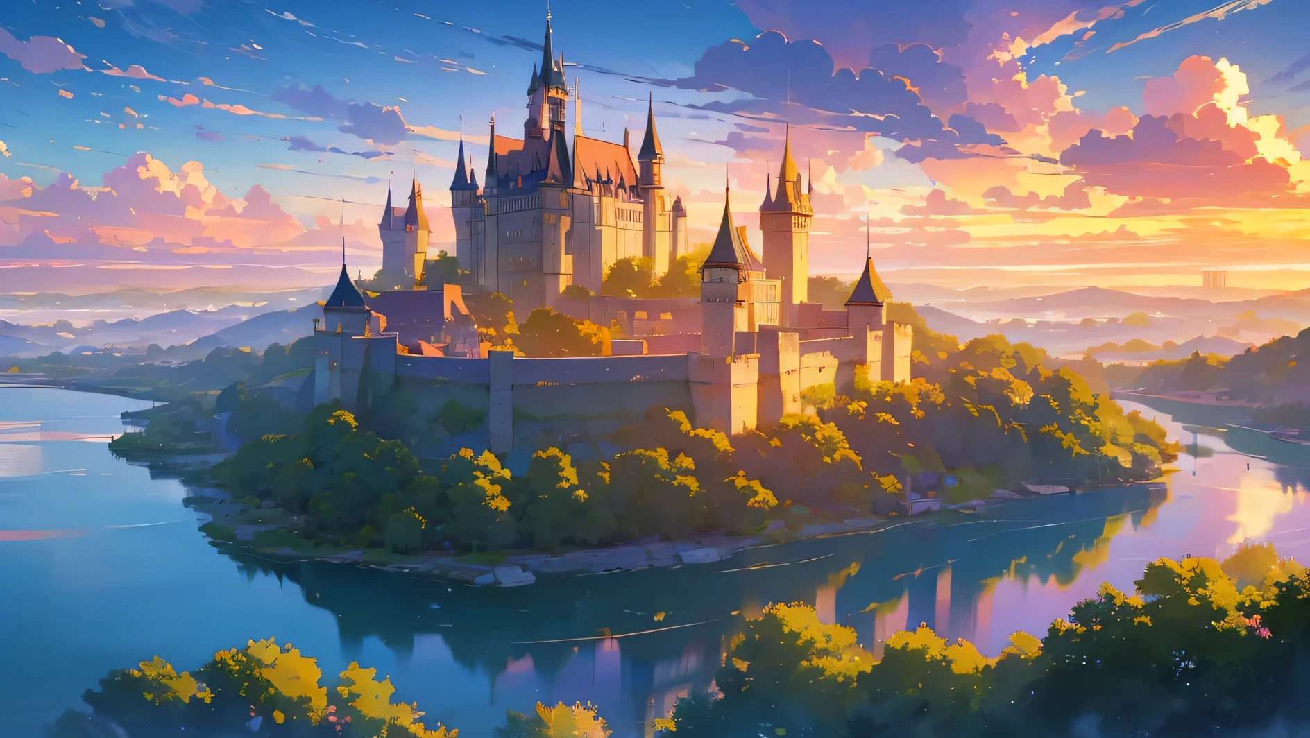a big castle on a lake nostalgic clouds sunset and a lot of plants a flowers, golden hour roses and pink