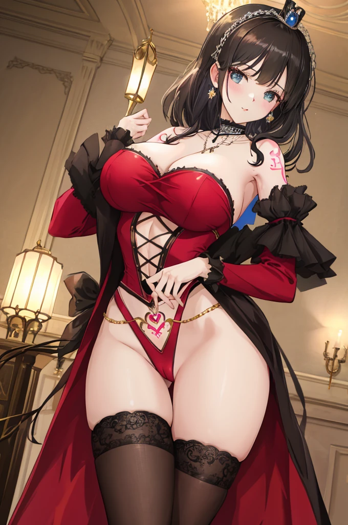 A woman with big ,Young princess,victorian style,clavicle,exposed lower chest,(hip tattoo),exquisite,pubic,at the banquet,