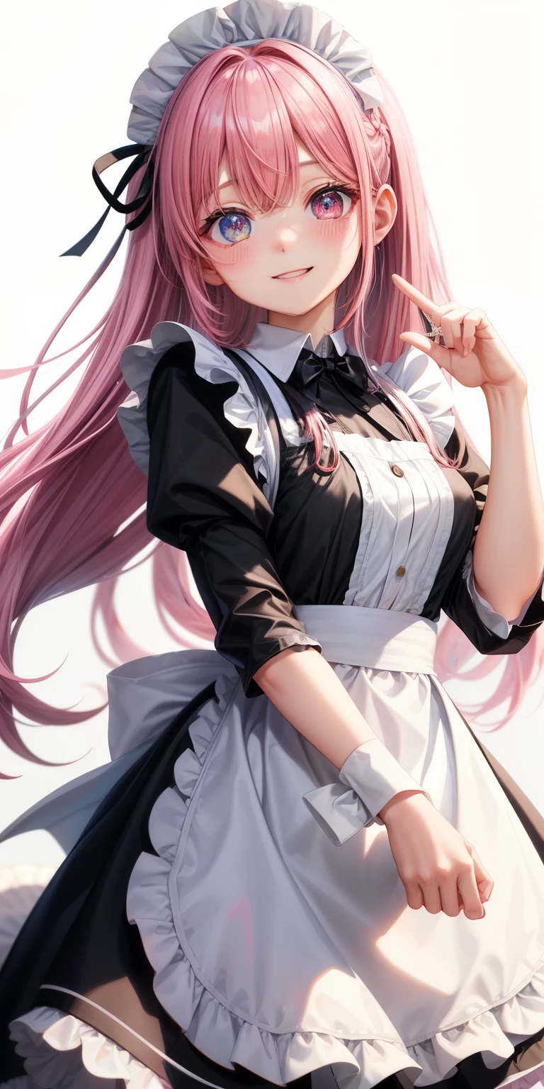girl、white background、no background、pink hair、long hair、straight long hair、Contrasting bangs、Eyes are sparkling、highlight、白黒のmaid服、maid、frills、Look at this、I can't see the cut、Not seen、Everything is displayed、photograph all hair、blush、smile、cute、cute、no background