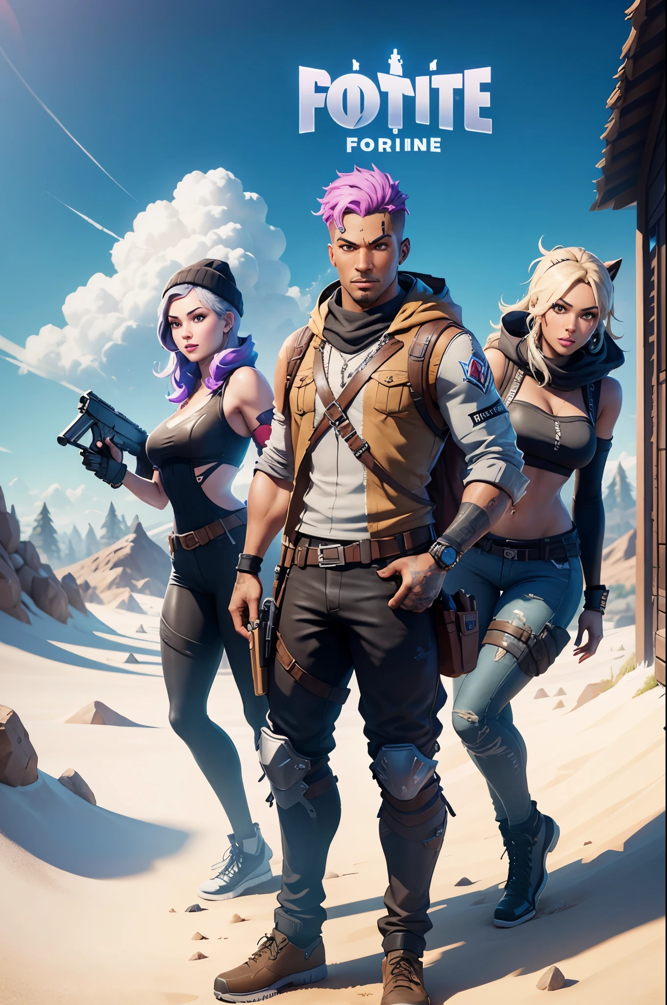 a new promotional poster for the game FORTNITE, including a group of original SKINS from the game