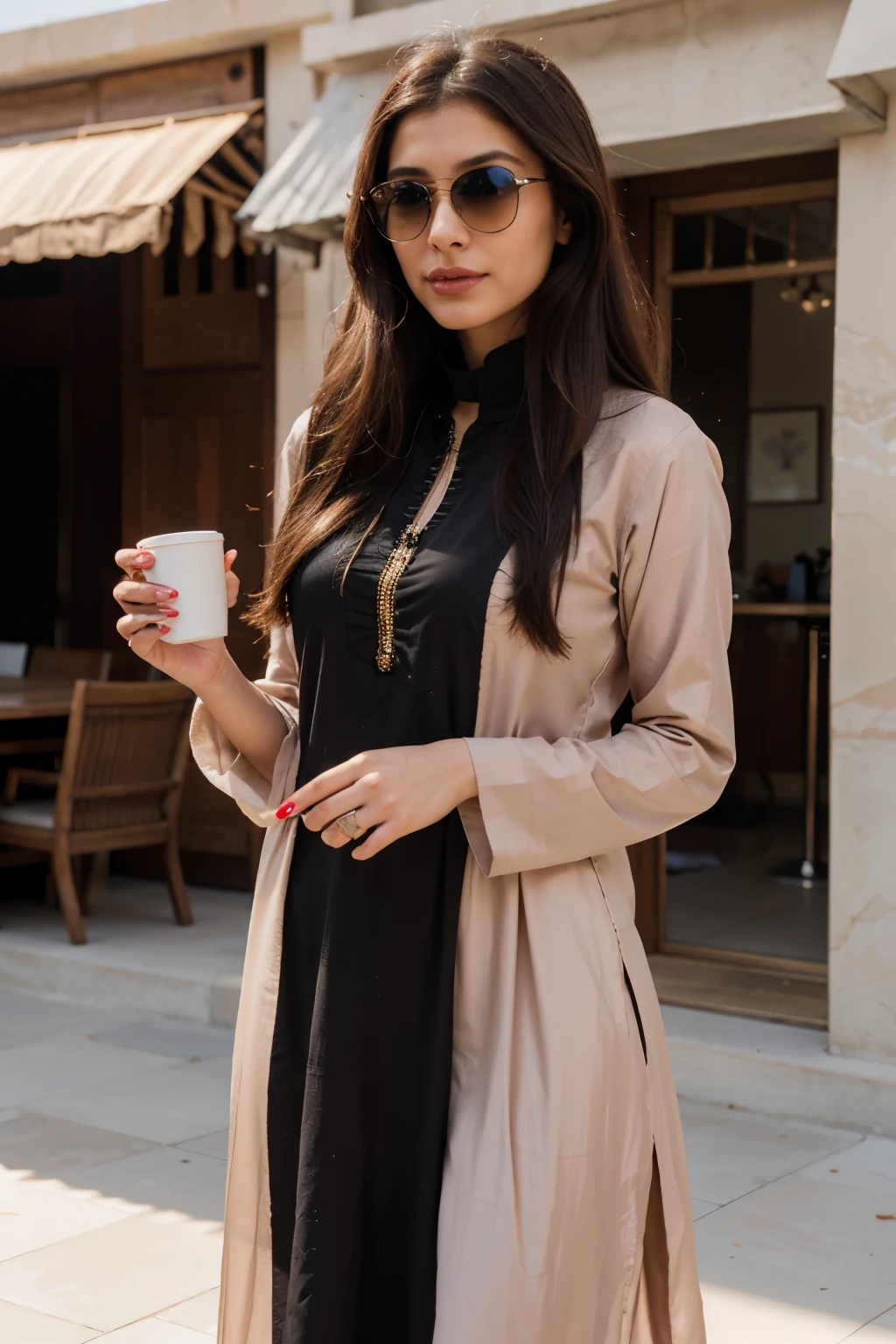 Extreme beautiful face woman, beautiful iranian woman model, beautiful arab woman, photography, photo of a beautiful woman, wearing pakistani shalwar qameez, complete dress, black dress, sunglasses, maya ali sorceress, maya ali wind sorcerer, masterpiece, high resolution, much realistic, as d&d mage, much realistic, deep smile, silky hair color, long dress, shalwar qameez, ear blush, makeup, expressionless eyes, attractive nails, long nails, stylish nails, slim nose, glassglow smile, innocent, light brown hair, colored eyelashes, 8k, stylish, stylish pose, innocent, realistic, full body, at dubai, wearing stylish modern sunglasses, modern black dress coffee in hand, much realistic