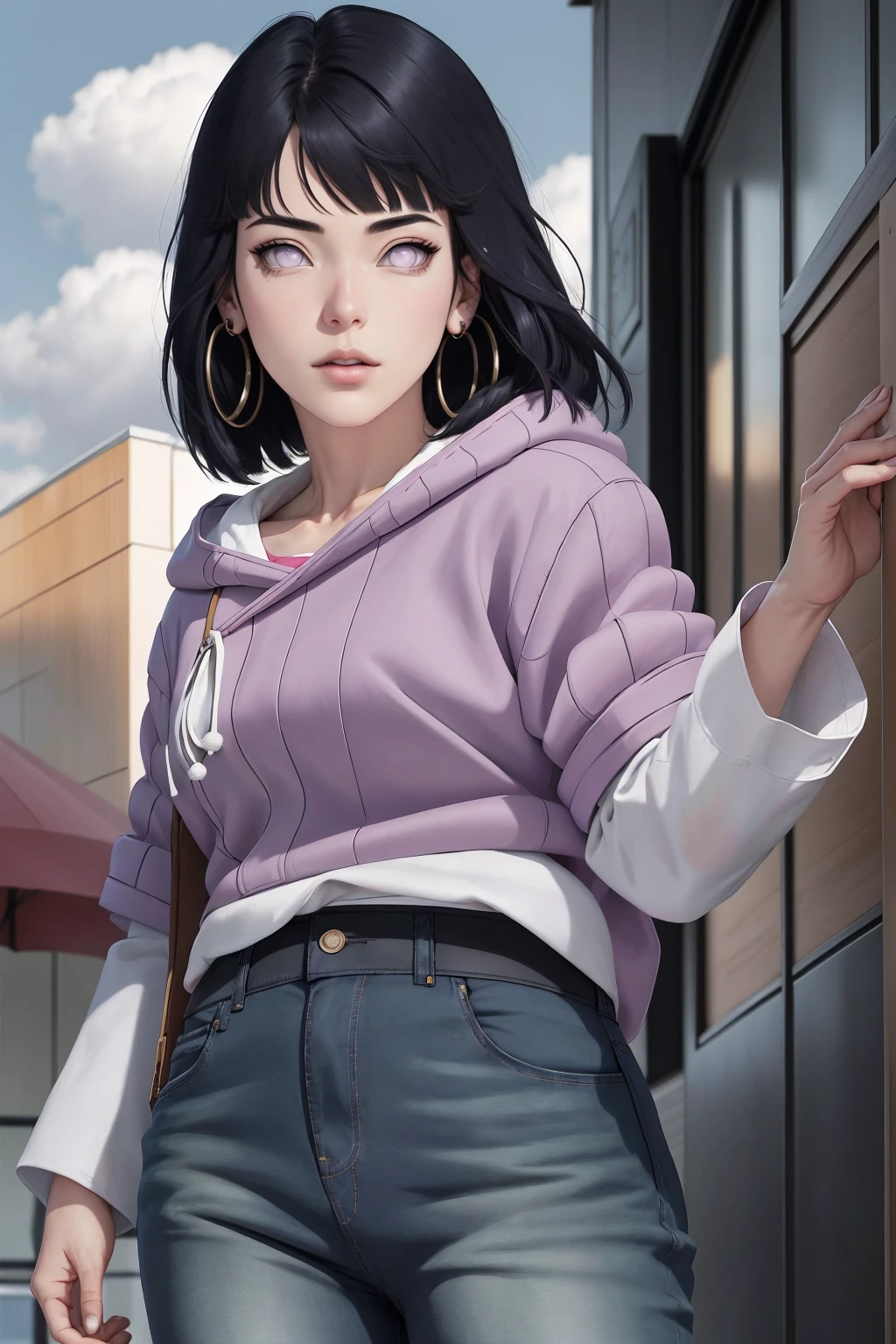 { - anatomy error} (Masterpiece - Ultra-detailed, very high resolution) , absurdos, Hinata\(Boruto\), 1girl, sozinho,Mature female, Capuz roxo,mangas em camadas, jeans, ao ar livre, Cloudy sky, perfect composition, circunstanciado lips, peito grande, beautiful face, body propotion, corar, (pink lips), cabelos pretos curto (black hair), lilac eyes, olhar suave, super realistic, circunstanciado, rosto e corpo realistas, Realistic hair, olhos realistas, nariz realista, realistic lips, with large hoop earrings, anime. reading, writing, dynamic poses, closed mouth. Different Pose.