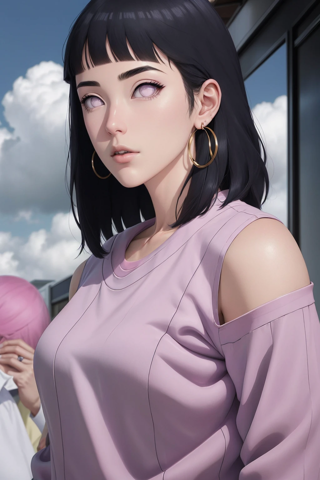 { - anatomy error} (Masterpiece - Ultra-detailed, very high resolution) , absurdos, Hinata\(Boruto\), 1girl, sozinho,Mature female, Capuz roxo,mangas em camadas, jeans, ao ar livre, Cloudy sky, perfect composition, circunstanciado lips, peito grande, beautiful face, body propotion, corar, (pink lips), cabelos pretos curto (black hair), lilac eyes, olhar suave, super realistic, circunstanciado, rosto e corpo realistas, Realistic hair, olhos realistas, nariz realista, realistic lips, with large hoop earrings, anime. reading, writing, dynamic poses, closed mouth. Different Pose.