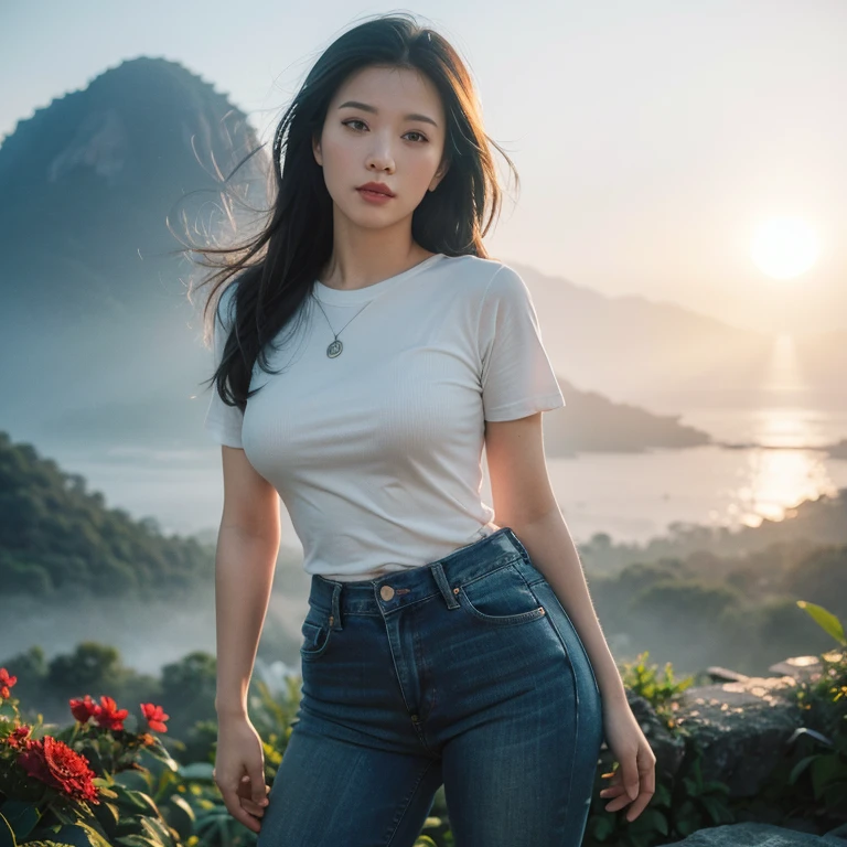 Women model large breasts, See the ridges of the full body shape, long hair, wear tight t shirt, jeans short, sea of mist on mountain,in Thailand , sunrise ,flowers, Take wide-angle photos, RAW photo:1.2), (photorealistic:1.4), shot by Sony alpha 7 iv, 85mm lens, f/1.4, ISO 100, (masterpiece:1.2), (intricate detailed), (best quality:1.2), (professional photography), (realistic:1.5), (soft light:1.3), (defuse lighting:0.7), (ambient lighting:0.6), (rim lighting,:1.2), fine textures, (depth of field:1.2), (bokeh:1.2), (face focus:1.5), film overlay, film grain,