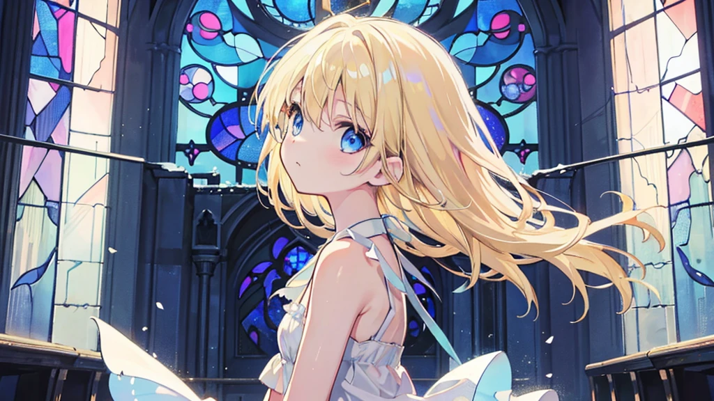 (from side, upper body), (1 girl, blonde hair, blue eyes, white sundress, kawaii), (abandoned church, blue stained glass)