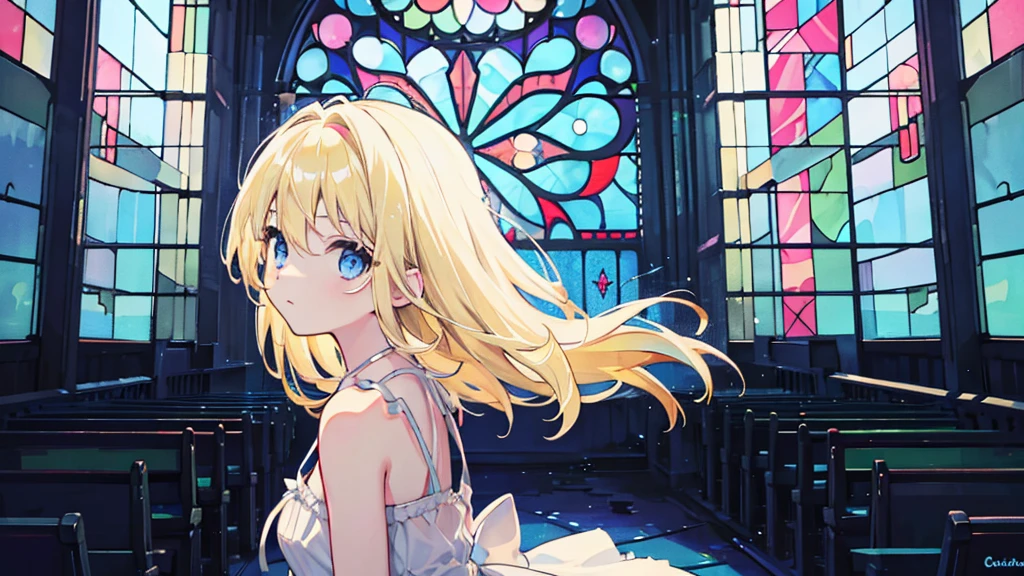 (from side, upper body), (1 girl, blonde hair, blue eyes, white sundress, kawaii), (abandoned church, blue stained glass)