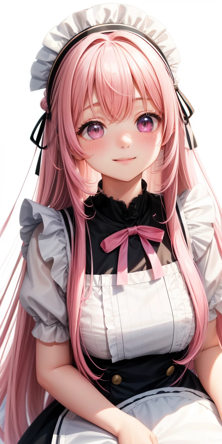 girl、white background、no background、pink hair、long hair、straight long hair、Contrasting bangs、Eyes are sparkling、highlight、白黒のmaid服、maid、frills、Look at this、I can't see the cut、Not seen、Everything is displayed、photograph all hair、blush、smile、cute、cute、no background