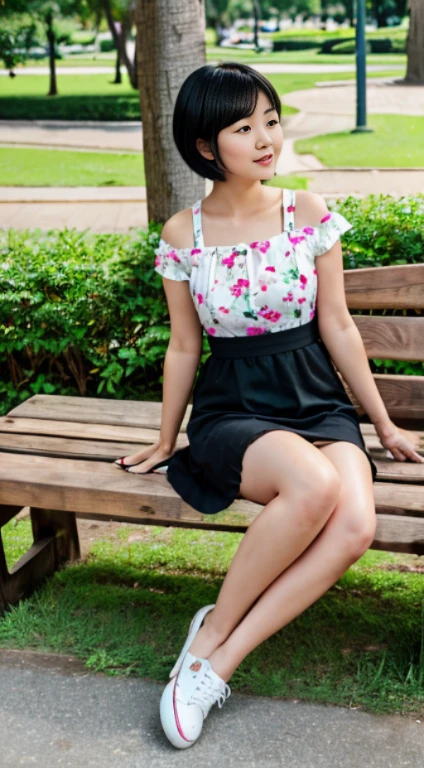 An asain cute lady,Round face,short,chubby,black bob hair,wearing white pink dress with floral pattern and black shoes.She is sitting on the long wooden bench from the park with her friend ...(8k),(uhd),(high quality photos output),(ultra-realistic),(flim photography)